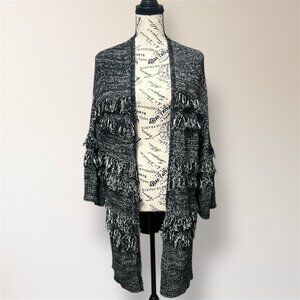 Knox Rose L Black White Fringe Open Front Chunky Knit Cardigan Boho Hippie